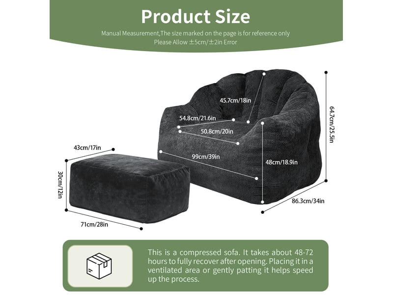 Lot de 2 pièces : fauteuil patte d’ours noir en tissu avec pouf assorti, confort enveloppant pour se détendre - Conforama C