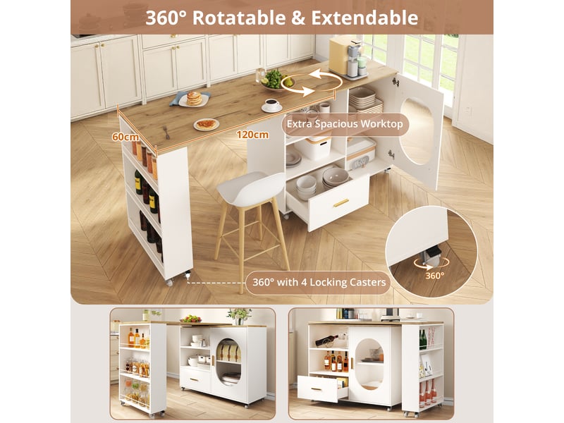  Îlot de cuisine mobile 120 à 180 x 60 x 90 cm - porte en verre cannelé - 1 tiroir - plateau pivotant à 360 degrés - naturel et blanc  - Conforama E