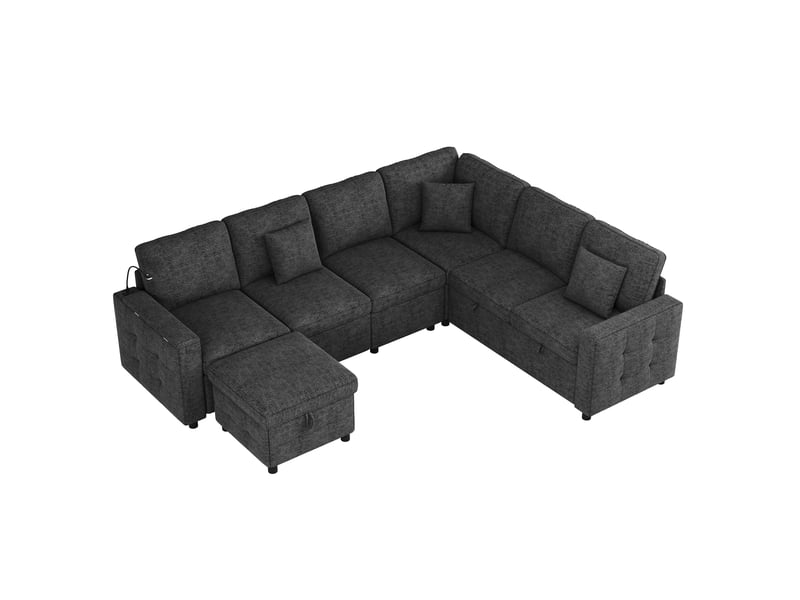  Canapé d’angle convertible 7 places 261x203x88 cm-couchage coulissant-led-usb type c-table pliante-porte gobelet-chenille gris BUYDEEMEUS - Conforama A