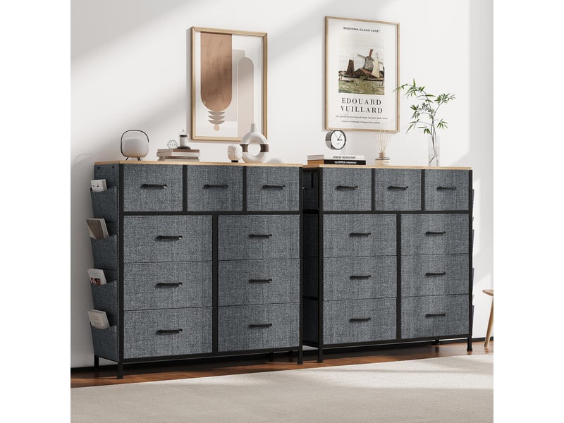  Commode de rangement, 98.8x30x100 cm, 9 tiroirs avec poches et crochets, cadre en métal et tissu non tissé, moderne, gris foncé  - Conforama D