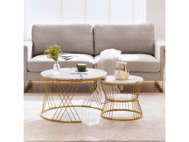 Lot de 2 tables basses gigognes rondes, plateau blanc effet marbre et cadre doré  - Conforama D
