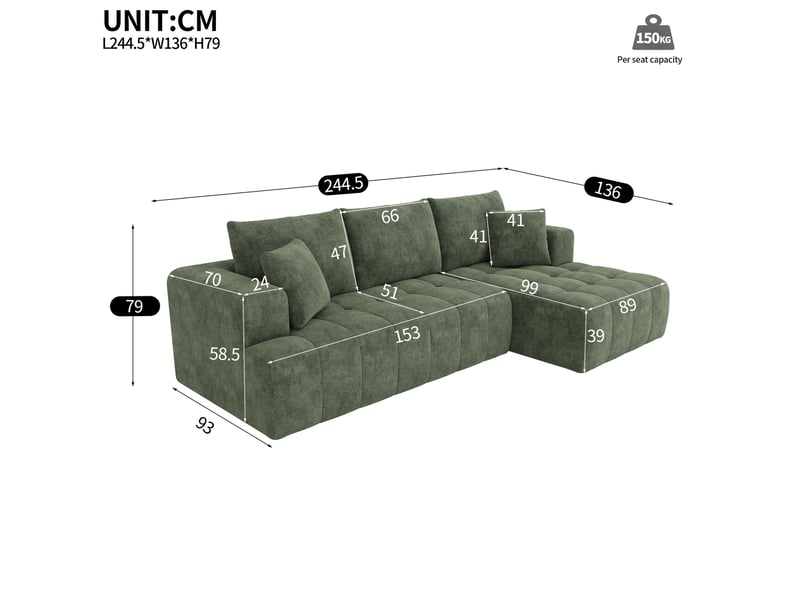  Canapé d'angle modulaire sans cadre, canapé cloud, tissu chenille confortable, librement combinable, design près du sol, idéal pour le salon et les appartements, pas de montage requis, vert  - Conforama E