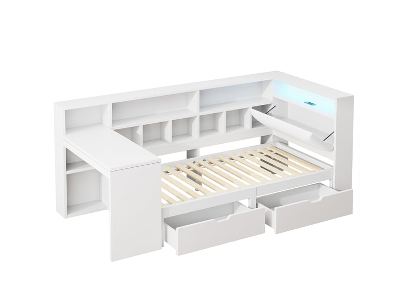 Lit enfant 90x200cm bureau intégré tiroirs tête capitonnée led mdf contreplaqué, tissu lin blanc sans matelas  - Conforama R