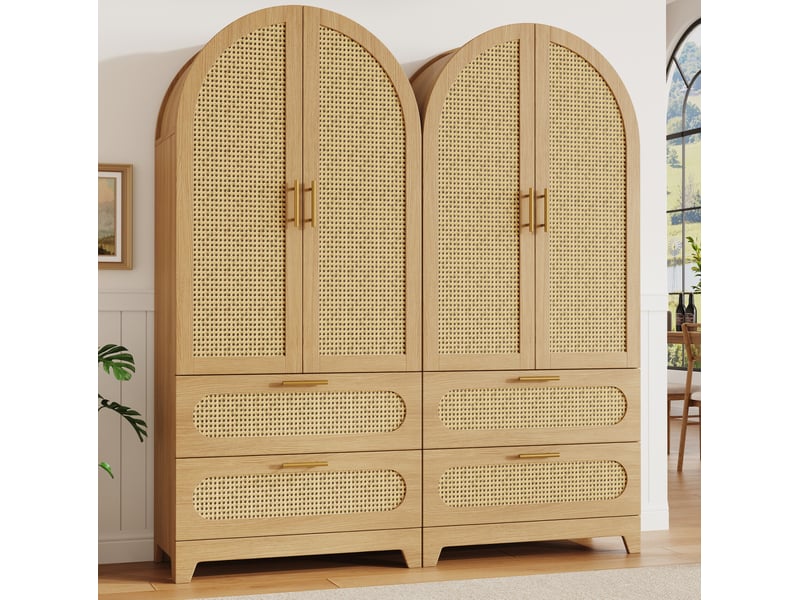  Buffet et enfilade avec 4 portes et 4 tiroirs, façades effet rotin, pour salle à manger, en mdf et métal, naturel  - Conforama D