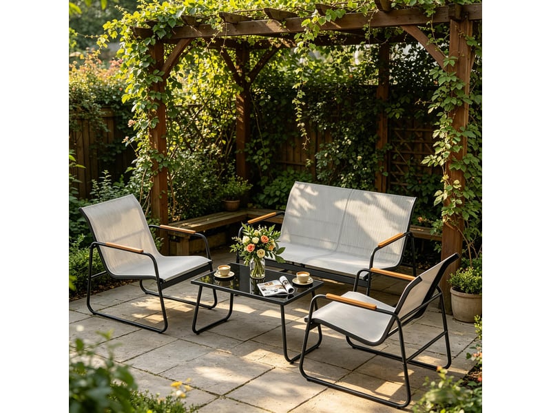  Salon de jardin avec canapé 2 places, 2 fauteuils et table basse en métal, verre trempé et polyester gris  - Conforama C