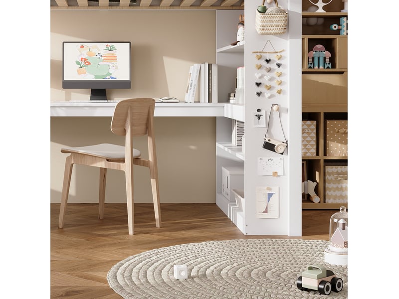  Lit mezzanine enfant 90x200 cm avec rangement, tablette d'angle et échelle inclinée, bois et mdf, blanc, sans matelas  - Conforama E