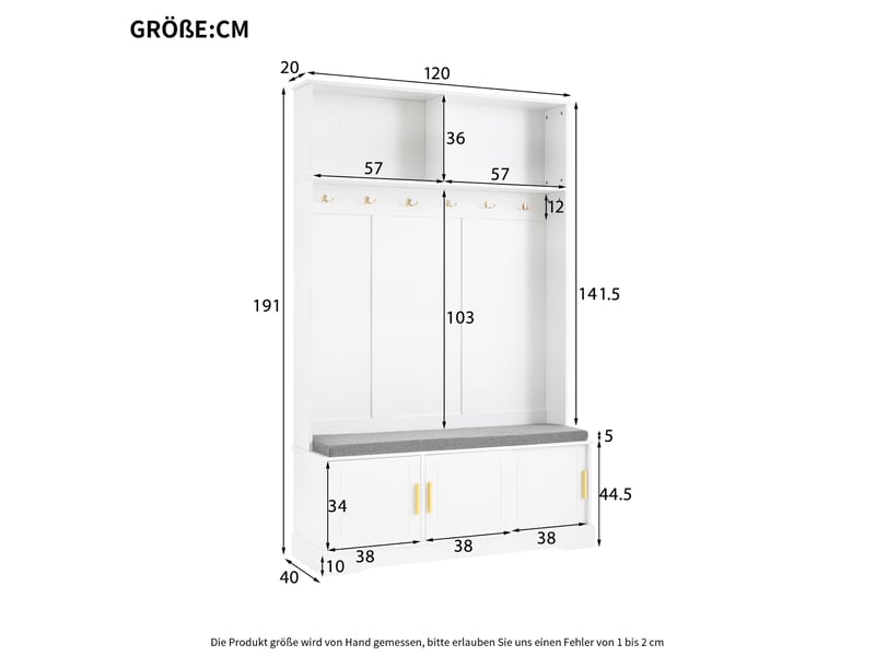  Meubles d'entrée avec banc, 6 patères triples, rangement à chaussures et niches ouvertes, blanc, 120 × 40 × 191 cm  - Conforama E