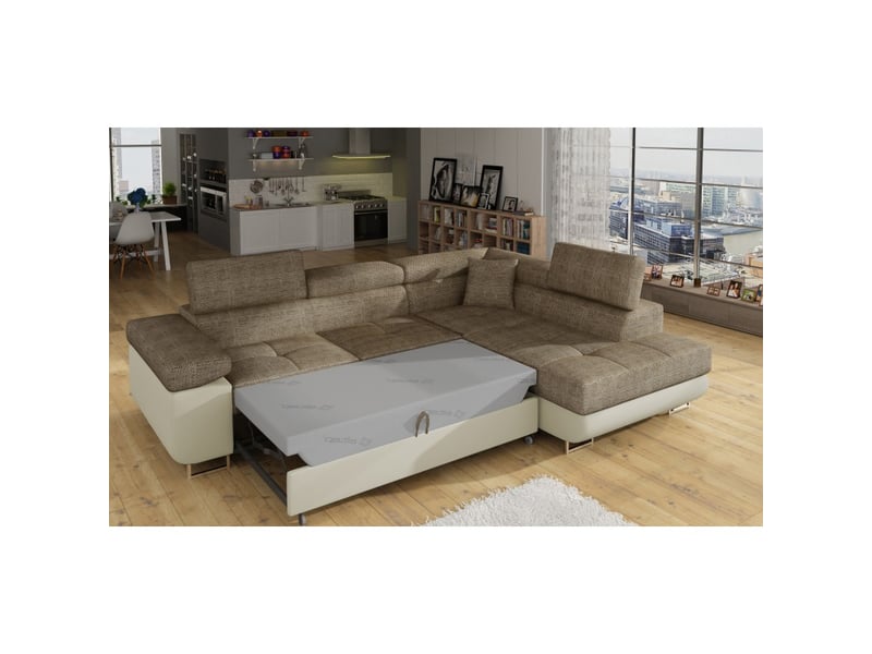 Canapé d'angle convertible menton beige bouclé – 4 places avec coffre et têtières - Conforama D