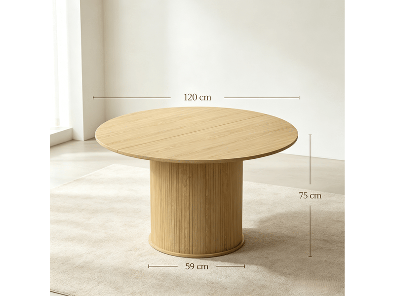  Table de salle à manger ronde pour 4 à 6 personnes avec pied central cannelé, décor bois naturel, ø 120 × 75 cm  - Conforama C