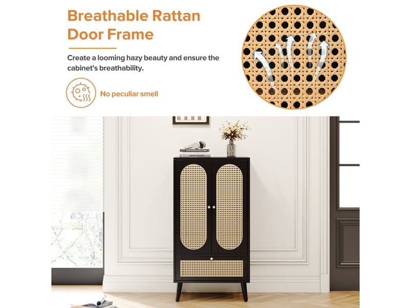 Buffet haut 60x40x110,5 cm avec portes cannage rotin, 2 portes, 1 tiroir et étagères, meuble rangement noir en panneau de particules - Conforama E