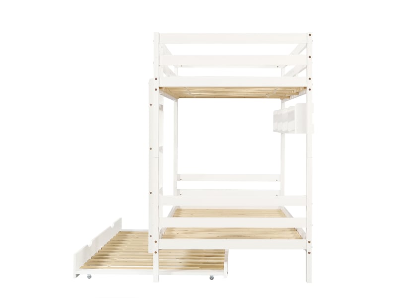 Lit superposé enfant 90x200 cm avec lit gigogne et étagères, sommier à lattes, pin blanc, sans matelas  - Conforama E