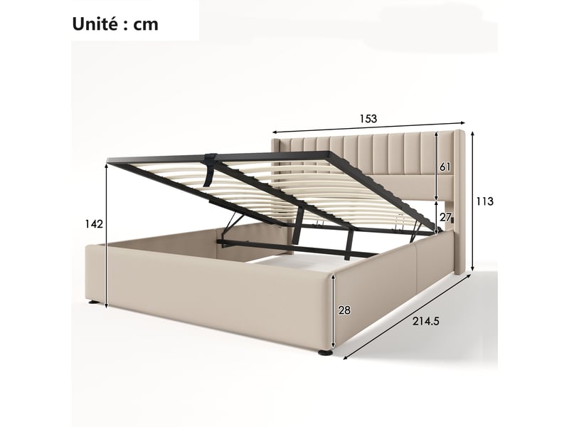  Lit coffre 140x200 cm - lit double capitonné avec sommier - lin bois métal - sans matelas - beige  - Conforama C