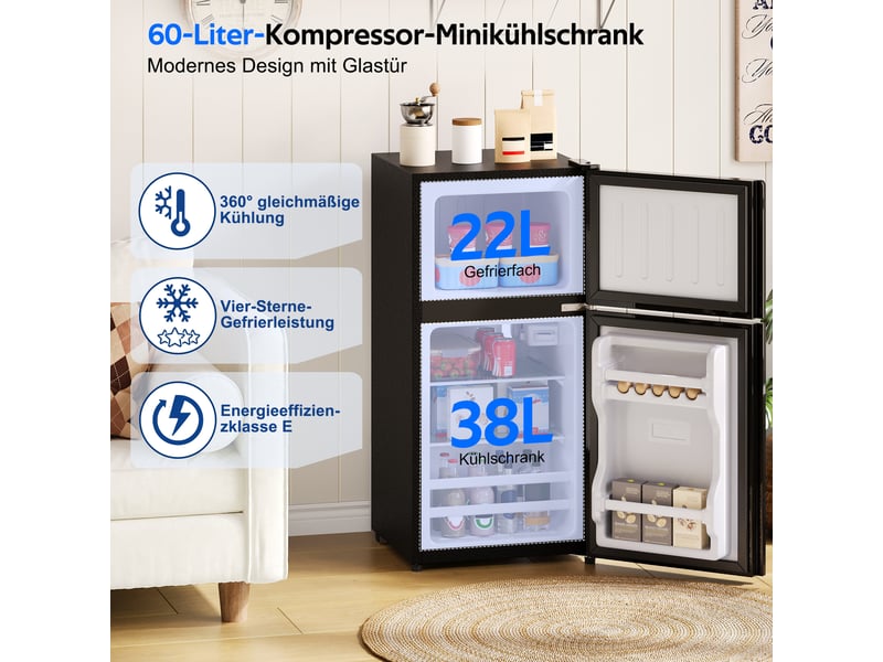 Réfrigérateur 60 litres 38l+22l, noir【vérifiez les dimensions】, réfrigérateur congélateu avce éclairage led et deux porte vitrée N635P416591S - Conforama C