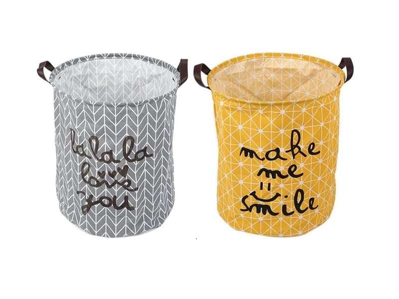  Lot de 2 paniers à linge ronds en coton et lin – grands bacs de rangement pour chambre d'enfant, gris et jaune  - Conforama A
