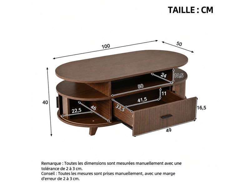  Table basse ovale avec rangement, 1 tiroir, aspect noyer, 100 x 50 x 40 cm  - Conforama C