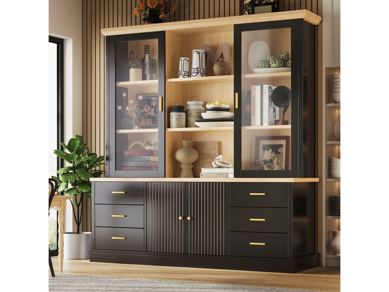  Buffet haut de cuisine 140x40x185 cm, 6 grands tiroirs, portes vitrées, étagères réglables, niches ouvertes, façade rainurée, noir et effet bois  - Conforama C