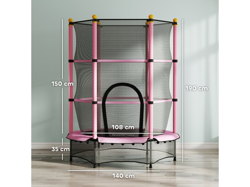  Trampoline enfant ø 1,40 × 1,90h m filet de sécurité porte zipée couvre-ressorts 6 poteaux rembourrés inclus rose  - Conforama C