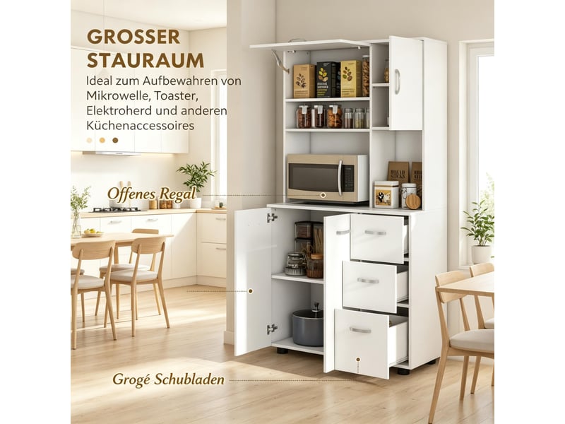  Buffet de rangement - meuble de cuisine avec diverses options de rangement, blanc, étagère indépendante spacieuse avec tiroir  - Conforama R