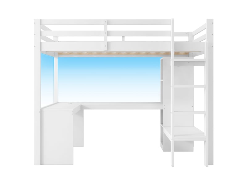  Lit mezzanine 140 × 200 cm, bureau, étagères, led, usb, escalier et garde-corps hauts, bois massif et mdf, blanc  - Conforama A