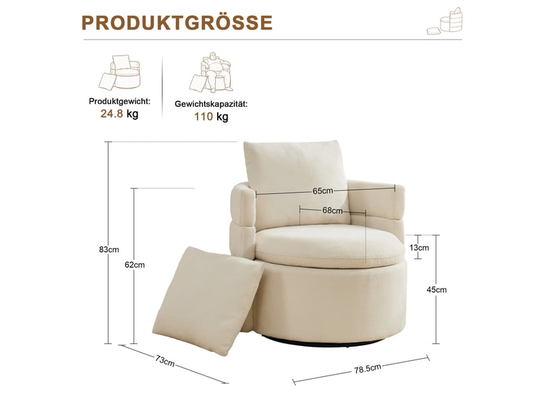  Fauteuil pivotant 360° 78,5x73x83 cm, avec rangement, fauteuil lounge, coussin, pour salon, chenille, couleur ivoire  - Conforama C