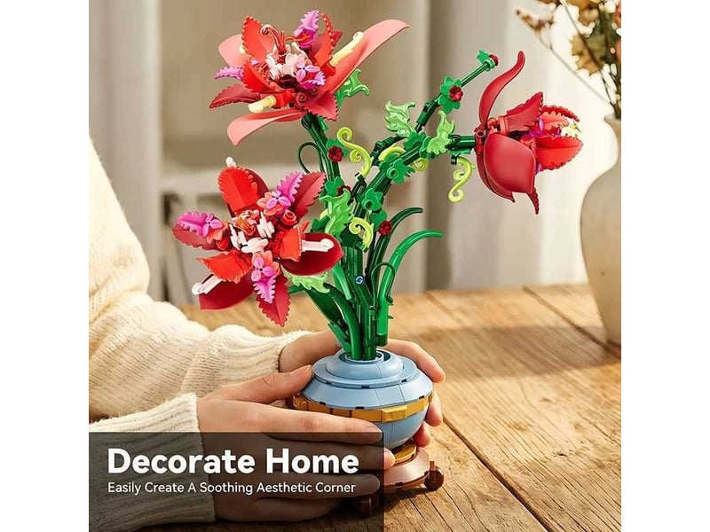  Set de construction fleur en pot rouge, fleurs artificielles éternelles – briques diy, ornement de bureau  - Conforama D