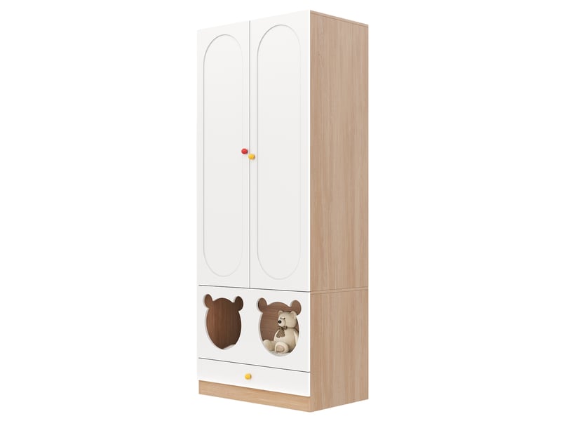 Armoire enfant 80x50x200 cm - 2 portes, penderie, étagères, tiroirs, design ours, blanc et bois - Conforama W