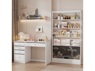 Ensemble bureau et bibliothèque enfant avec tableau noir, blanc, sans matelas.