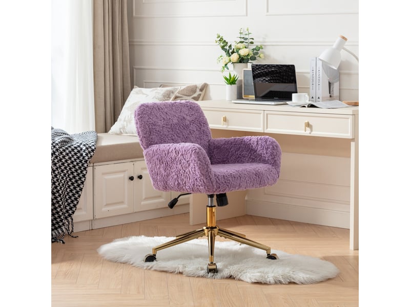  Fauteuil de bureau 62x61x90cm - avec base dorée – hauteur réglable, pivotant 360° et roulettes – fourrure de lapin - violet  - Conforama E