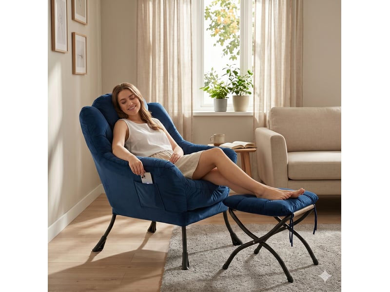 Fauteuil relax avec repose-pied, accoudoirs et poche latérale, en tissu et métal bleu foncé - Conforama D