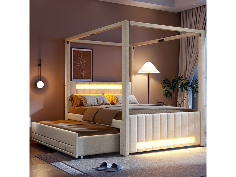  Lit à baldaquin rembourré 140x200 cm beige, couchage extractible, tiroirs et éclairage led  - Conforama E