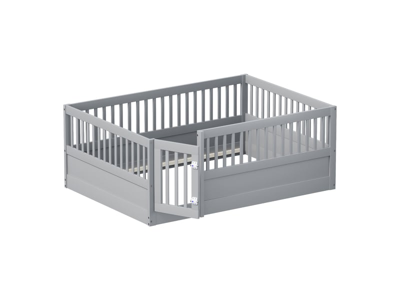  Lit évolutif enfant en bois avec barrières et porte, gris, 140x200cm, cadre sécurisé et design moderne  - Conforama D