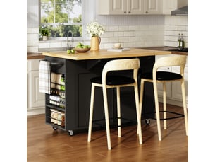 Îlot central avec tiroirs et rangement sur roulettes en mdf naturel et noir l 120 cm