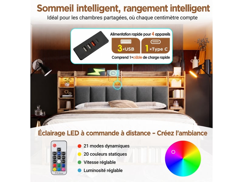  Lit double 180 x 200 cm avec tête de lit led, rangement et finition chêne  - Conforama E