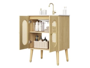 Meuble de salle de bain - 61x47x89 cm - meuble sous vasque avec vasque céramique, 2 portes en rotin, étagère - bois nature