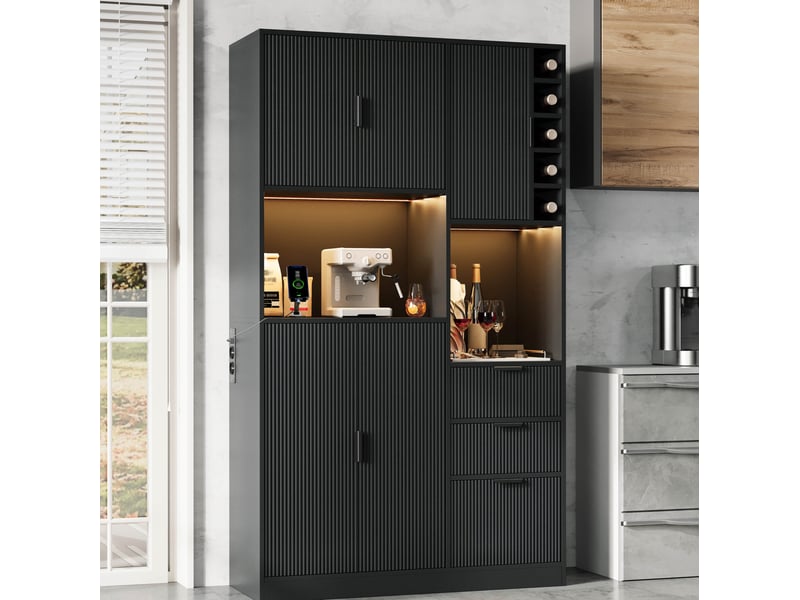  Buffet haut modenvie avec led, prises, 3 tiroirs, range-bouteilles, 105 x 40 x 180 cm, noir  - Conforama D