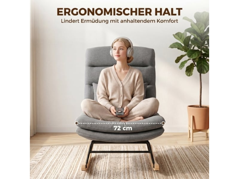  Fauteuil à bascule gris clair aspect lin, dossier haut, assise large, coussin lombaire, double rembourrage  - Conforama E