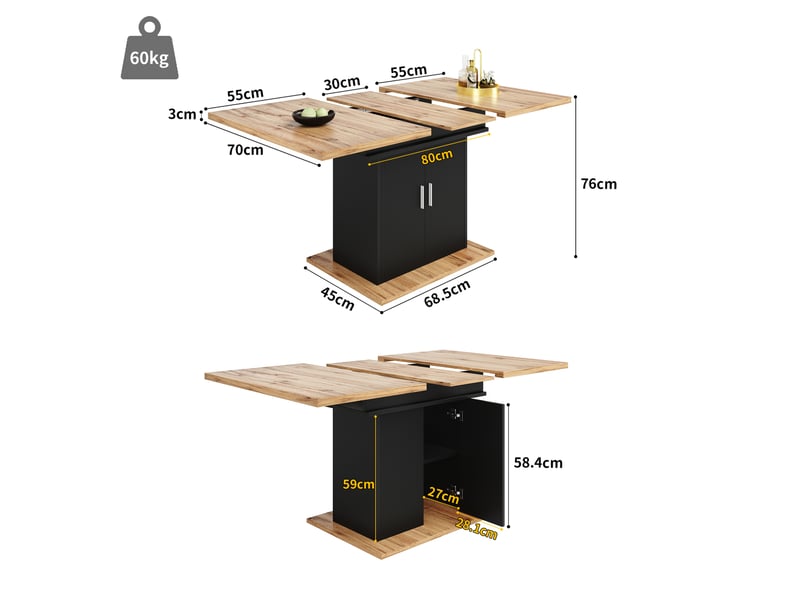  Table extensible (110)140×70x76cm avec espace de rangement, design à double porte, polyvalente, mdf, naturel et noir  - Conforama D