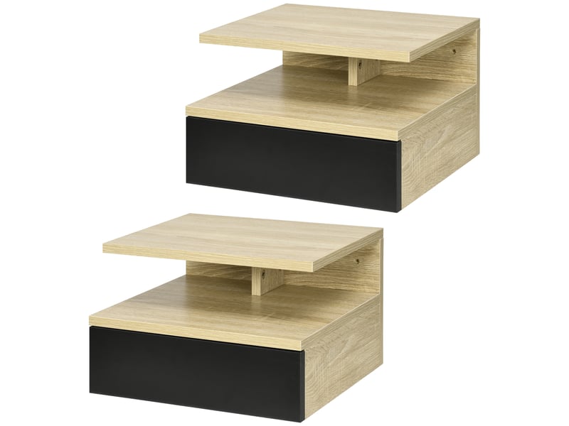 Lot de 2 tables de chevet murales - lot de 2 tables de nuit - tiroir coulissant, niche, plateau - noir chêne  - Conforama B