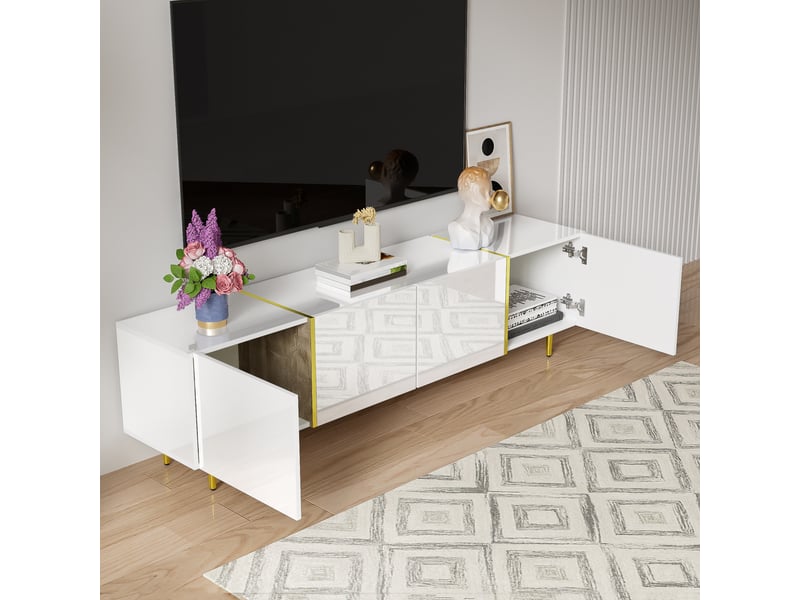  Meuble tv blanc laqué 170 cm avec 4 portes, meuble tv moderne en mdf avec détails dorés pour salon  - Conforama C