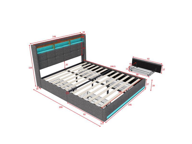  Lit adulte 140x190, 4 tiroirs, ports usbtype-c, lit double capitonné avec éclairage led, tête de lit avec rangement, tissu lin, gris  - Conforama E