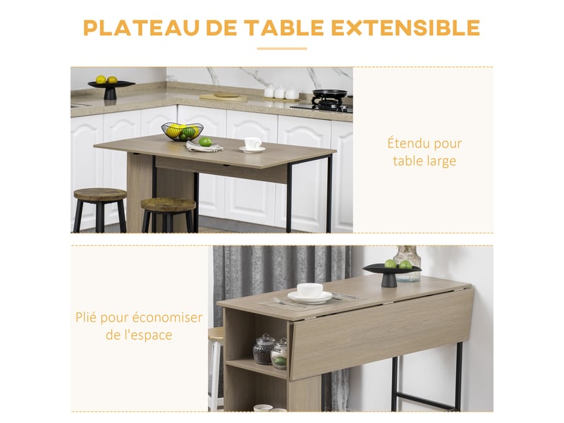 Ilot centra table de bar plateau latéral  rabattable et 3 étagères gris clair 120 x 76 x 91,4 cm  - Conforama A