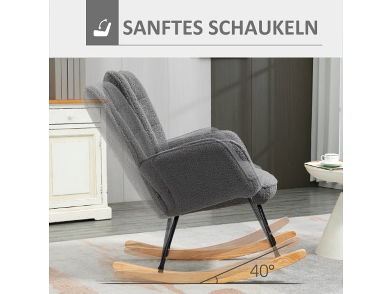  Fauteuil à bascule gris foncé en tissu bouclé, accoudoirs, patins en bois, 120 kg, salon et chambre  - Conforama D