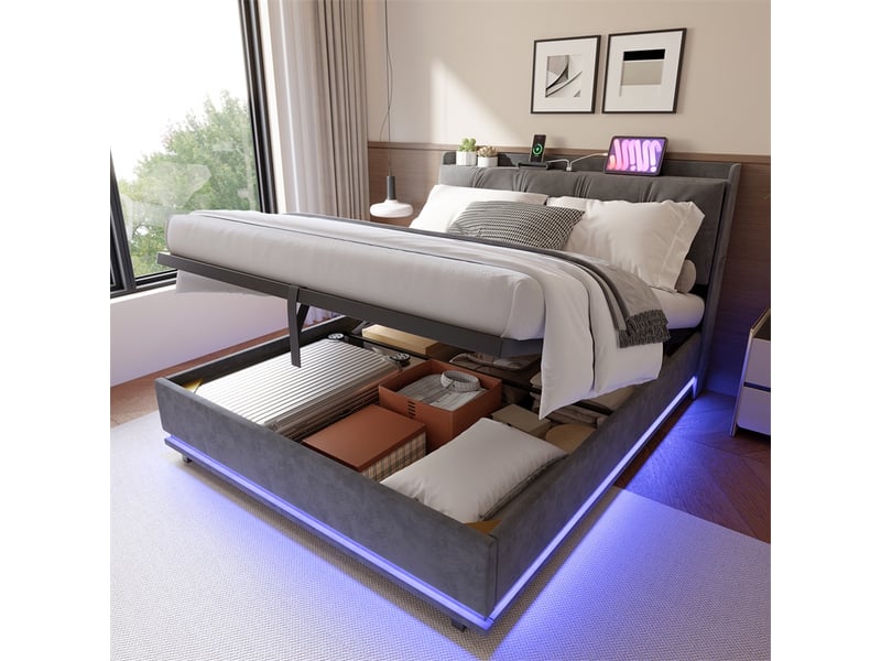  Lit 140x190cm - lit coffre 140x190cm - lit rembourré velours, tête de lit led, usb et sommier relevable avec rangement - gris  - Conforama D