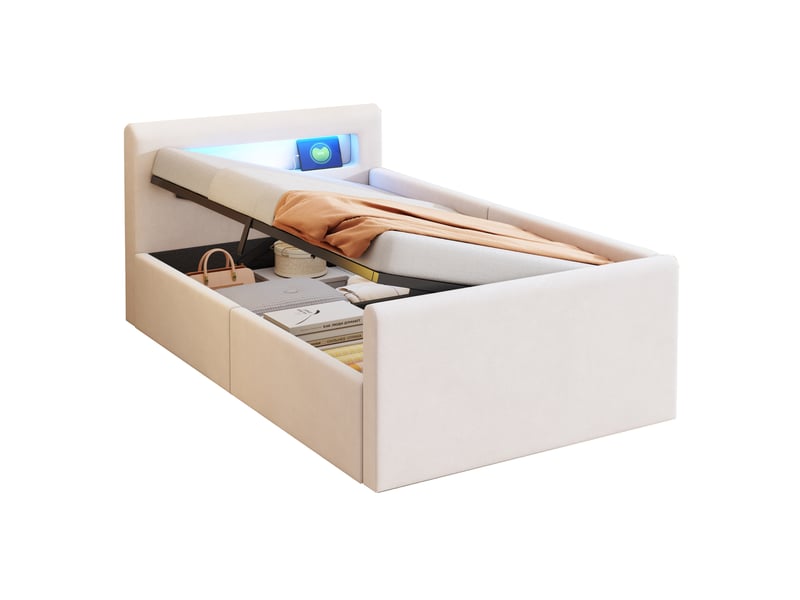 Lit enfant 90x200 cm rangement hydraulique, led et port usb en velours beige  - Conforama A