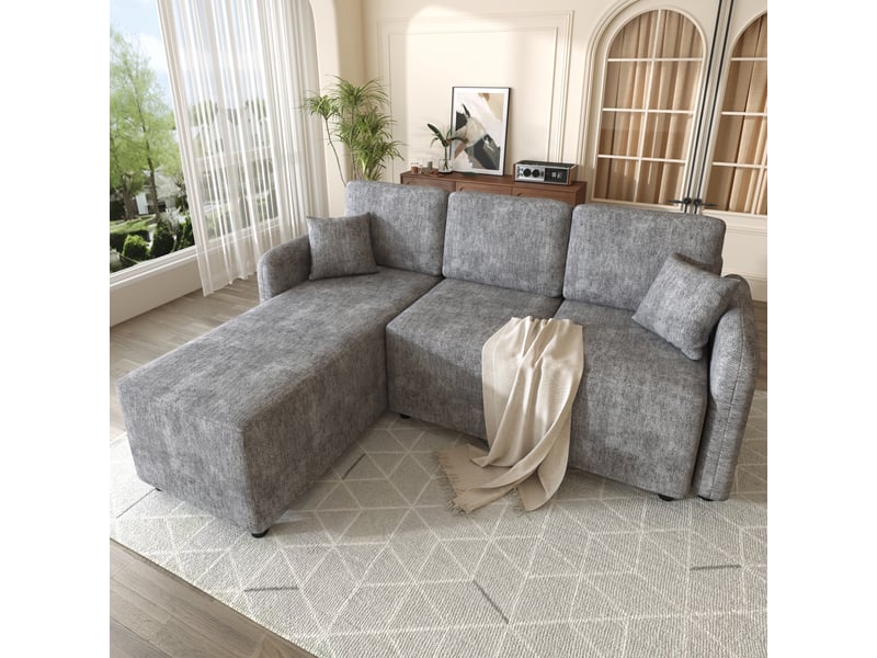 Canapé d'angle 3 places en tissu chenille, méridienne 144 cm, mousse haute densité, 2 coussins inclus, 150 kg - Conforama W