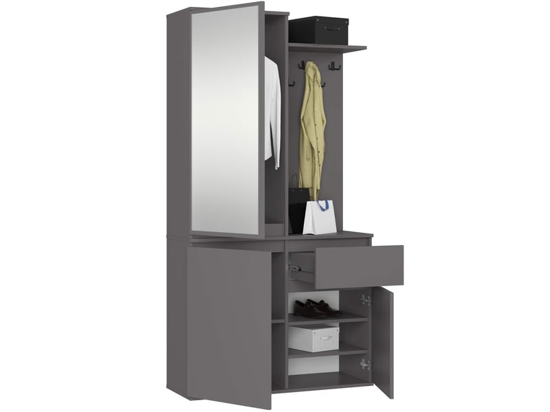  Ensemble de meubles d'entrée entro gris graphite avec armoire et miroir 95 cm 3 portes 1 tiroir 7 étagères 95x35x183 cm Ensemble d'entrée ENTRO - Conforama B