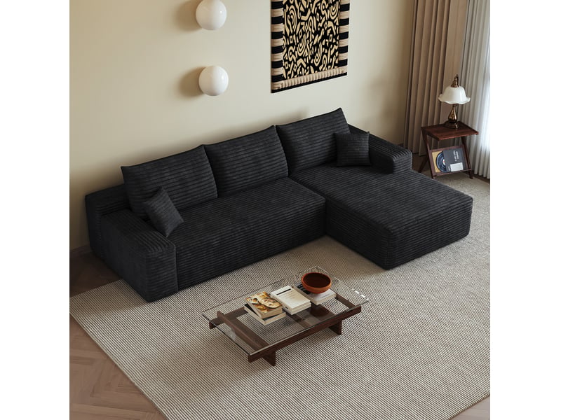 Canapé d’angle modulaire 3 places avec chaise longue en tissu côtelé noir - 270 cm  - Conforama D