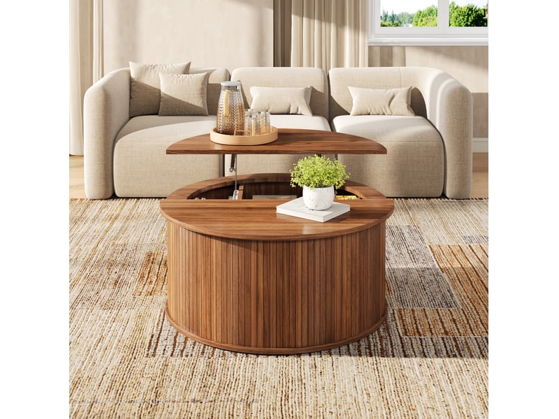  Table basse relevable ronde 88x88x53,5 cm avec rangement coloris noyer  - Conforama E