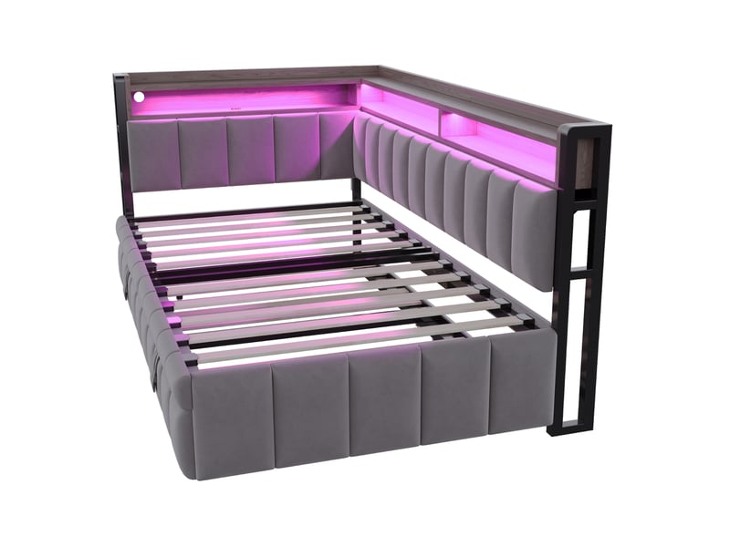  Lit banquette enfant 90x200 cm gris foncé velours, lit gigogne avec led, rangements et ports de charge usb type-c  - Conforama D