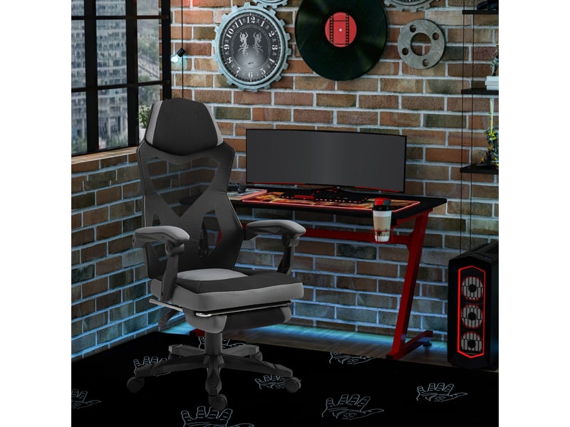  Fauteuil de bureau ergonomique avec dossier inclinable, repose-pieds rétractable et hauteur réglable, gris  - Conforama C